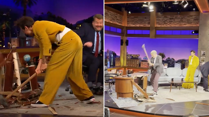 Harry Styles and Will Ferrell smash James Corden's Late Late Show desk with sledgehammers