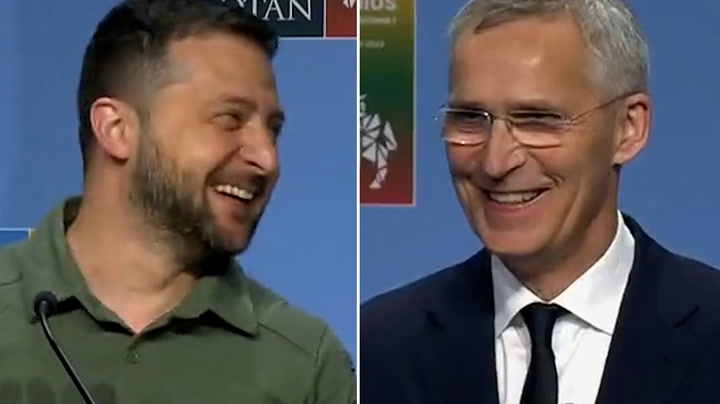 Zelensky jokingly encourages Stoltenberg to answer question about F15 fighter jets