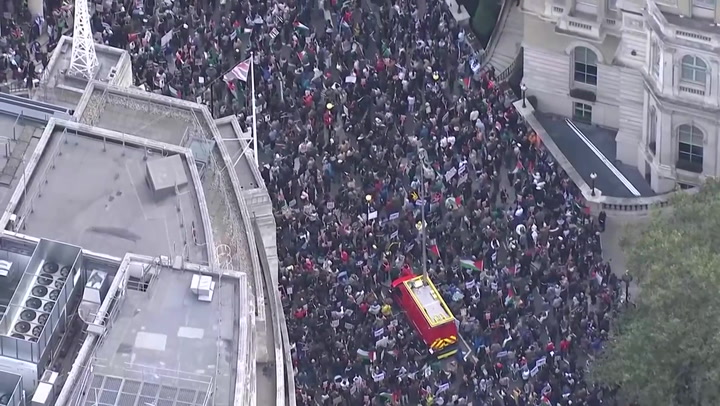 Aerial footage captures thousands of pro-Palestine protesters marching through London