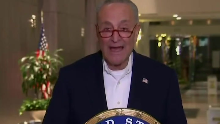 Senate Majority Leader Chuck Schumer celebrates Democrats holding the Senate