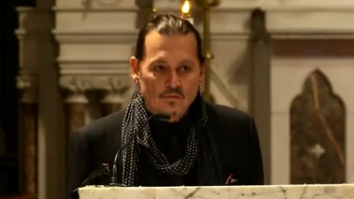 Johnny Depp salutes Shane MacGowan before speaking at funeral
