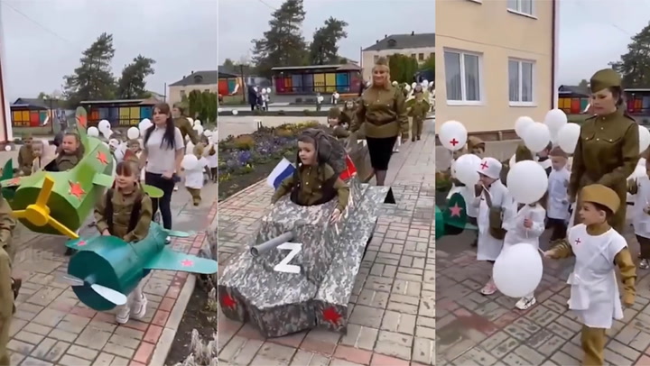 Soğuk Rusya Zafer Günü geçit töreninde çocuklar savaş uçakları ve tanklar gibi giyiniyor - Dünya Haberleri