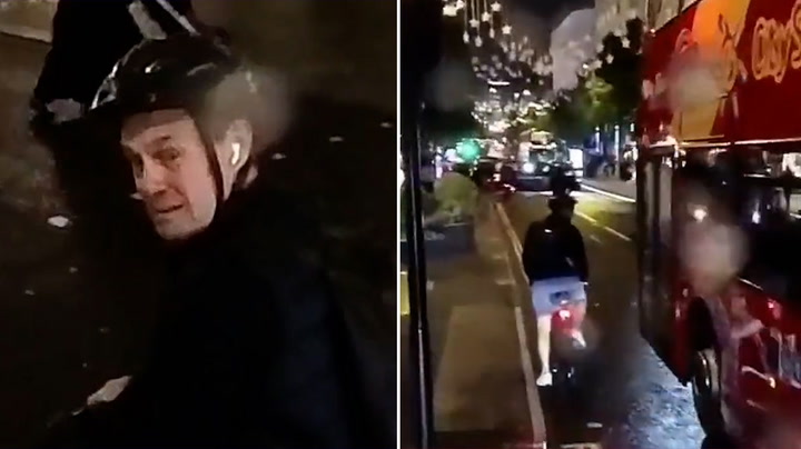 Moment Jason Donovan nearly hit by bus after bumping into Jeremy Vine