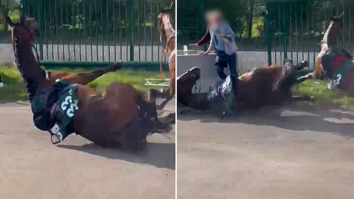 Woman crushed by two stampeding horses after they veered off course during Grand National.mp4