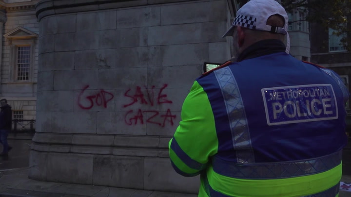 ‘God Save Gaza’ graffitied on Grade-II listed First World War statue after London protest