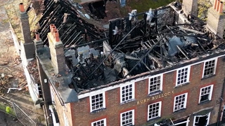 Drone footage shows destruction to historic London pub caused by fire