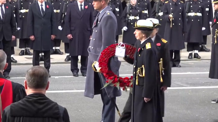 Princess Anne pays tribute to war dead at the Cenotaph in her navy uniform