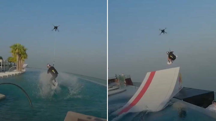 Daredevil wakeskates across infinity pool and plunges off Dubai skyscraper