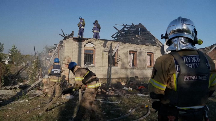Houses left destroyed in Ukrainian city after Russian bombardment of residential area