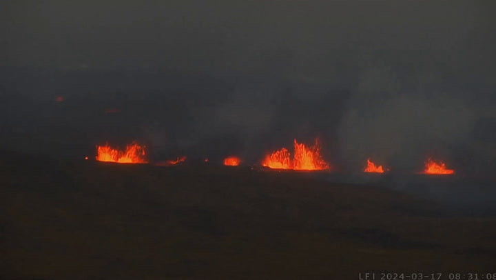 Huge volcano erupts again in Iceland spewing bright orange lava into the air