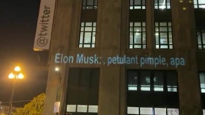 Anti-Musk messages projected onto Twitter’s San Francisco HQ