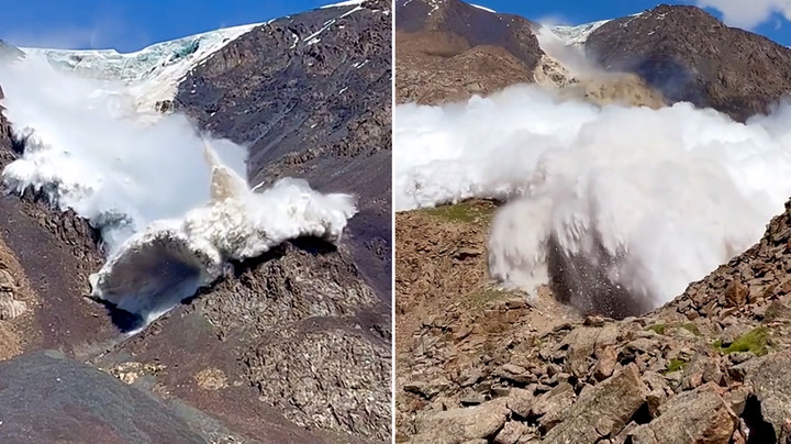 Terrifying moment avalanche plunges towards group of tourists in Kyrgyzstan