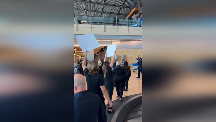 Topless protesters stand on baggage carousel at California airport