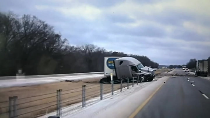 Moment semi-truck skids across highway after losing control