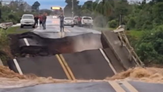 Bridge swallowed by raging waters amidst flooding in Brazil