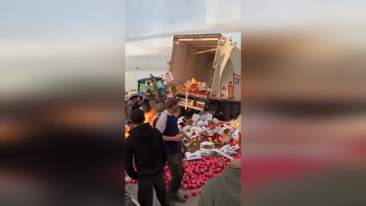 French Farmers Topple Pepper Truck on The Highway Leading to Paris, France