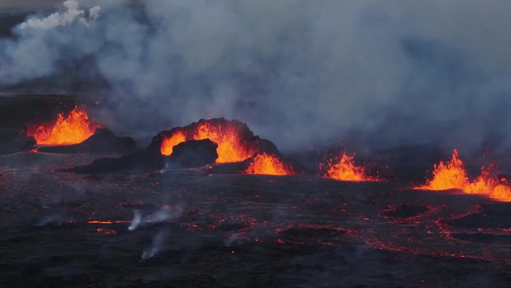 Stunning drone footage shows lava spewing from volcanic fissure in Iceland