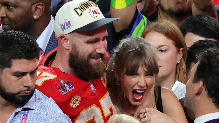 Taylor Swift and Travis Kelce dance to Love Story, seal it with a kiss | Super Bowl After Party