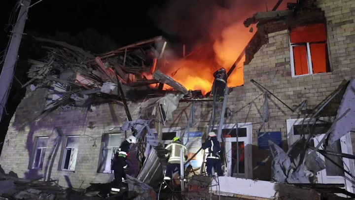 Fire rages at Kharkiv college dormitory destroyed by Russian drone strike
