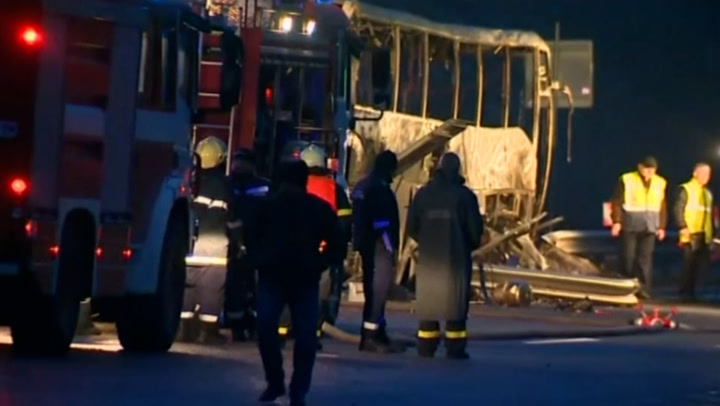Scene from Bulgaria crash that killed at least 46 people after bus caught fire on motorway
