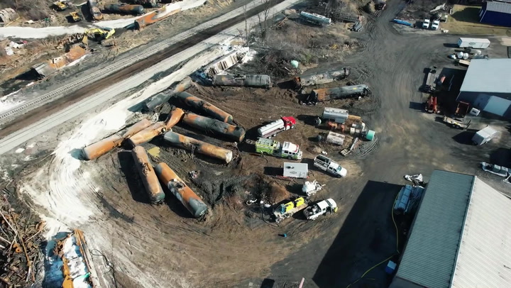 Devastating aftermath of Ohio train derailment revealed in shocking drone footage