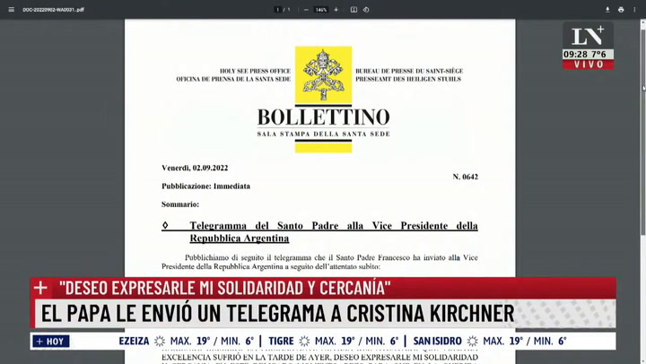 Papa Francisco le mando un telegrama a Cristina Kirchner