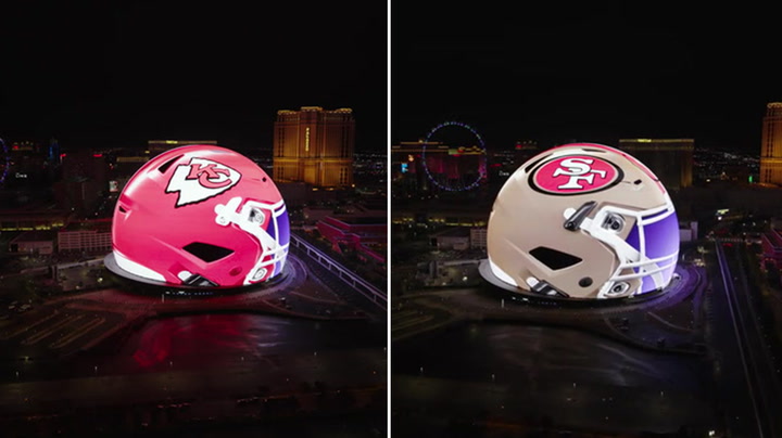 Las Vegas sphere transforms into giant NFL helmets ahead of Super Bowl