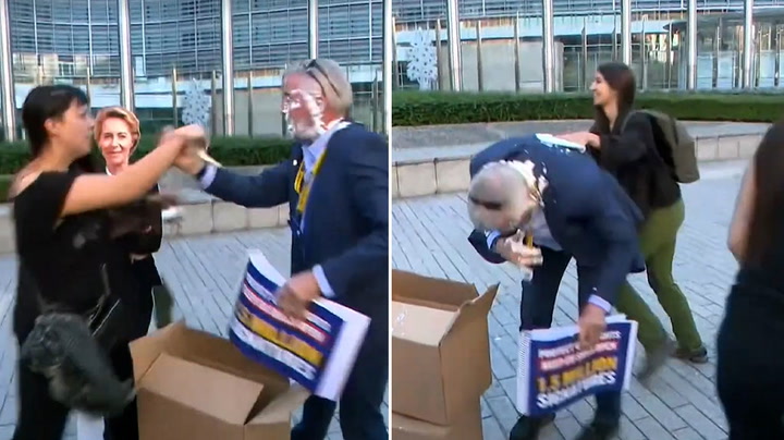 Ryanair chairman Michael O'Leary splattered on head and face with pies by Belgian eco activists
