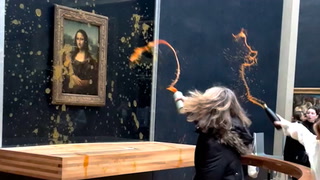 Moment protesters throw soup at Mona Lisa in Paris	