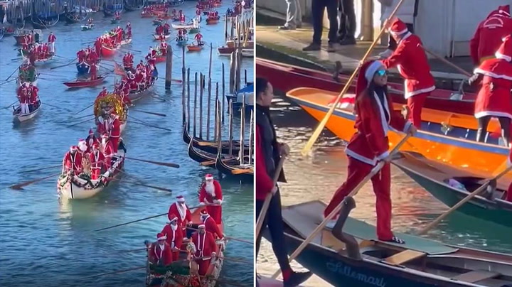 Santas take over Venice in Christmas gondola regatta