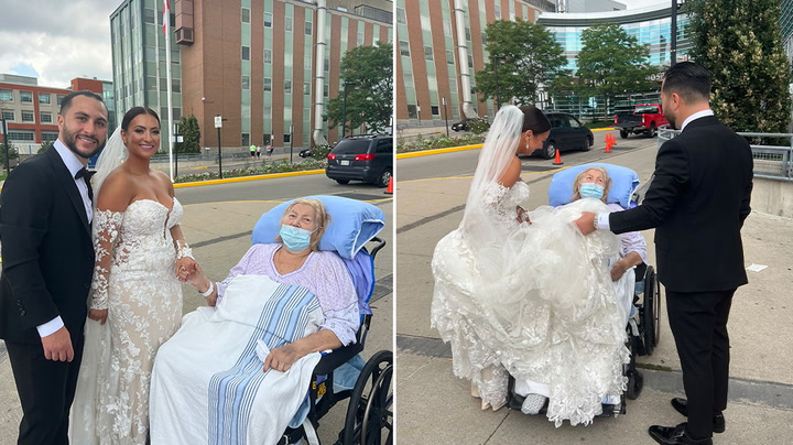 Bride and groom visit hospital to surprise grandmother after she was unable to go to wedding