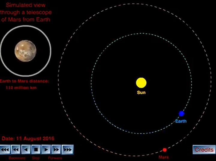 Simulación de la distancia entre la Tierra y Marte - Fuente: Youtube