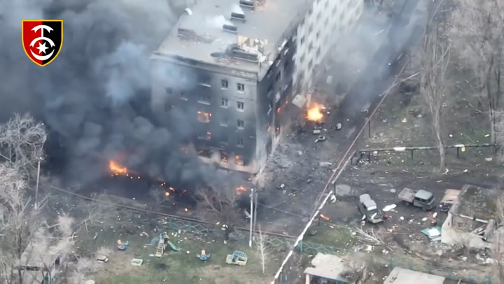 Aerial footage of Ukrainian forces destroying Russian storage site near Bakhmut