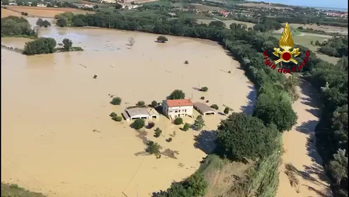 Drone footage reveals severity of fatal flooding in Italy's Marche region