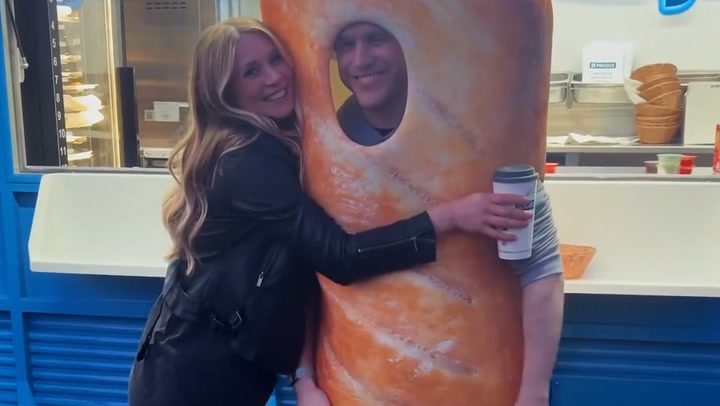 Olly Murs dresses up as sausage roll for surprise Greggs-themed baby shower for wife Amelia