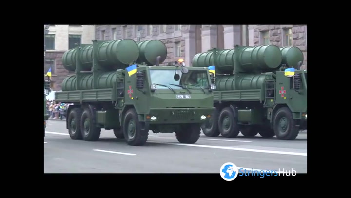 Military vehicles at the parade in Kyiv, Ukraine