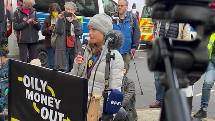 Greta Thunberg protests outside luxury London hotel during oil executives meeting