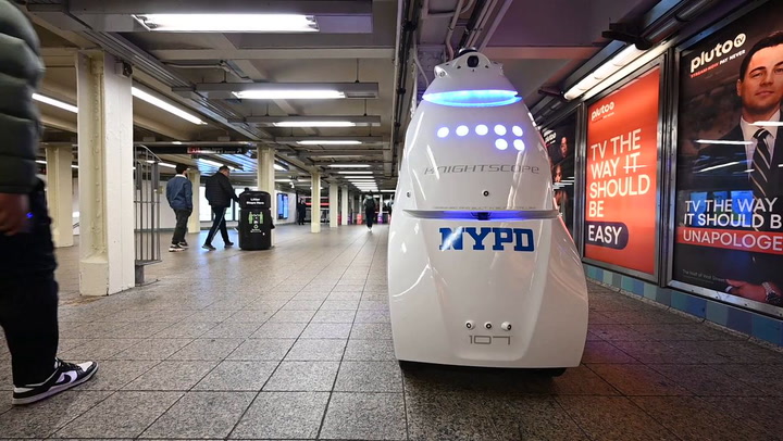 NYPD K5 Security Robot In Times Square Subway in New York, USA