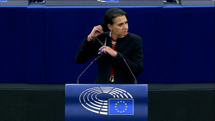Watch moment Swedish MEP cuts off hair during speech