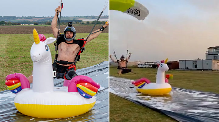 Skydiver lands directly on inflatable unicorn to win unique competition.mp4