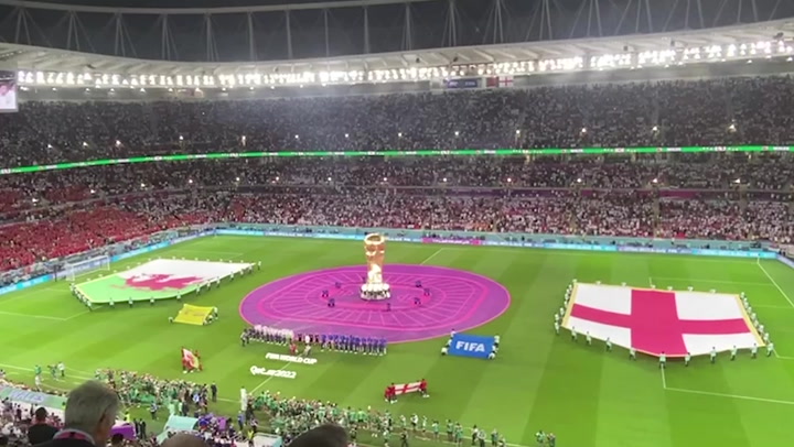 England and Wales teams sing national anthems ahead of historic World Cup match