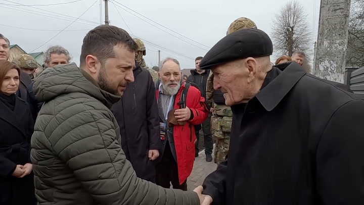 President Zelensky visits Bucha on one-year anniversary of liberation