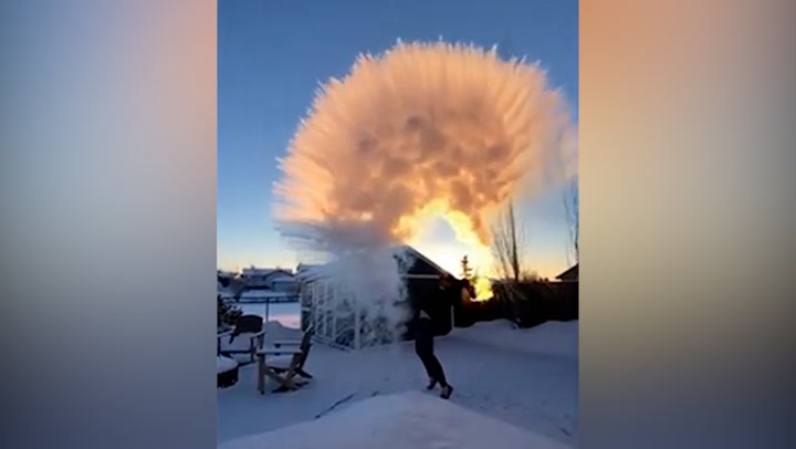 Boiling water turns into snow cloud amid freezing temperatures in Canada