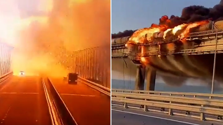 Moment fire engulfs key bridge connecting Crimea and Russia after huge explosion