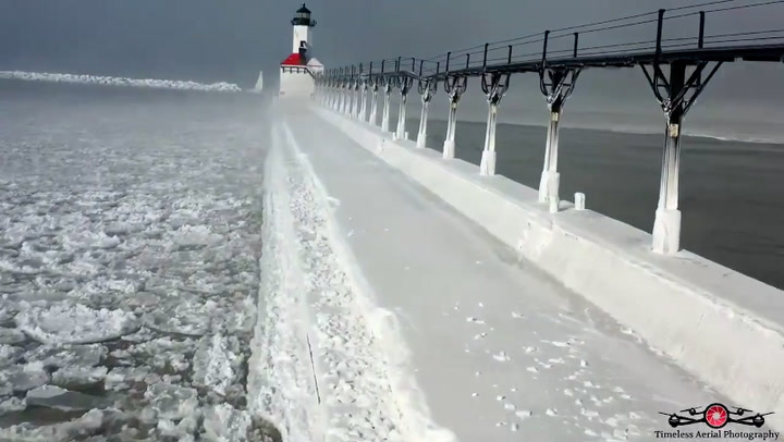 Aerial video captures the majesty of a freezing Lake Michigan