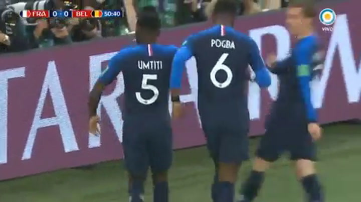 El gol de cabeza de Umtiti que marcó el 1-0 para Francia ante Bélgica – Fuente: TV Pública