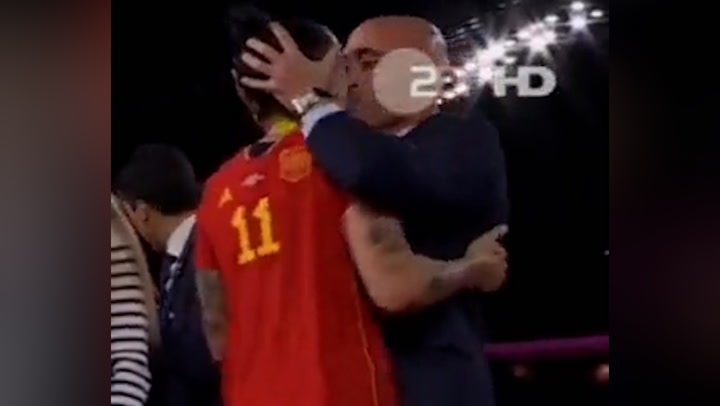Moment Spanish FA president kisses Spain's Jenni Hermoso on the lips after World Cup win