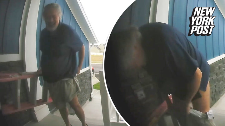 Poor guy's pants falling down caught by porch cam (Video)