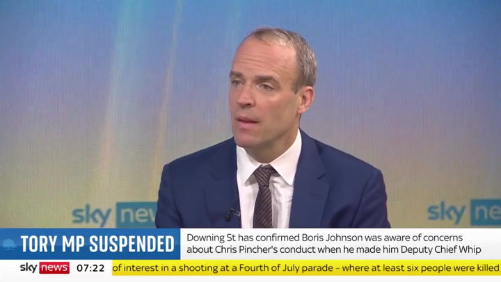 Boris Johnson ‘not aware of any substantiated complaints’ against Pincher, Raab says
