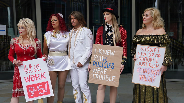 Celebrity impersonators who have been banned from Facebook protest outside Meta offices